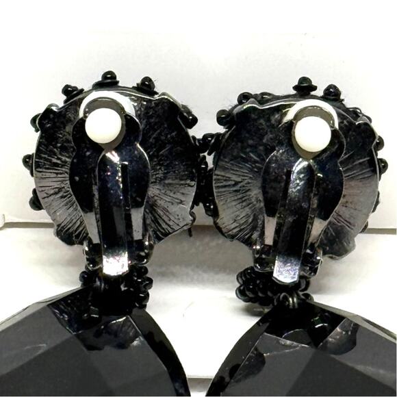 Chico’s Black Rhinestone Teardrop Clip-On Earrings 3.12” Statement Vintage - Picture 3 of 3